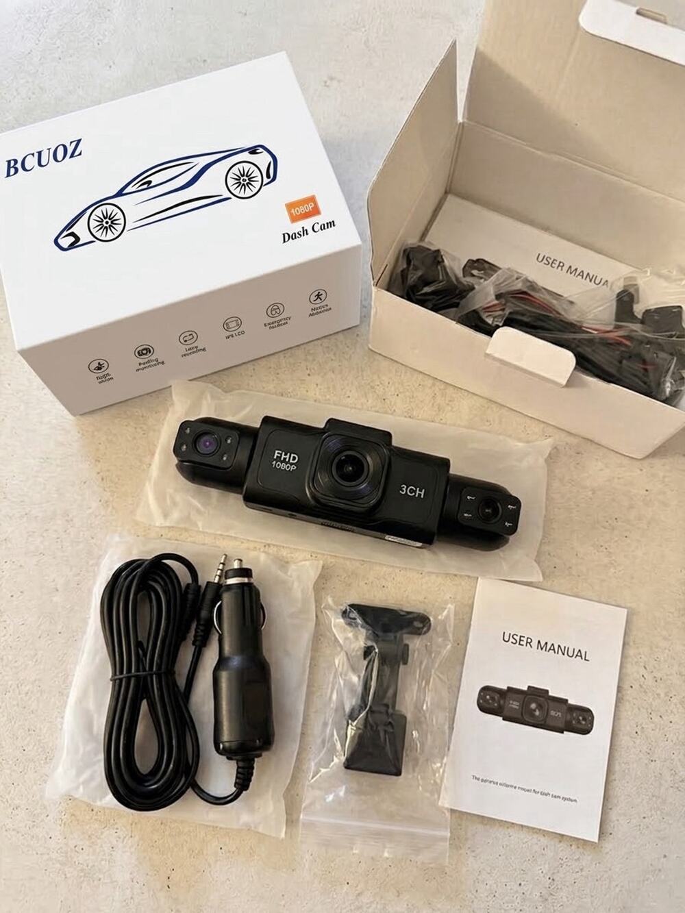 BCUOZ 3-CameraPanoramic Dash Cam - Full HD 1080P Triple Lens, RotatingFull Kit